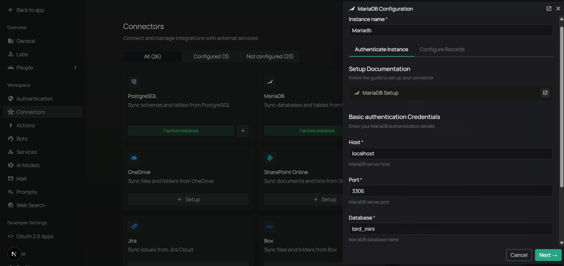 MariaDB connector auth configuration