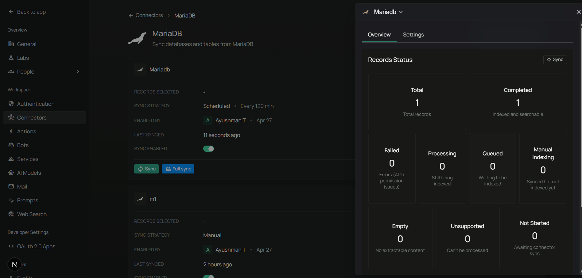 MariaDB connector active and synced