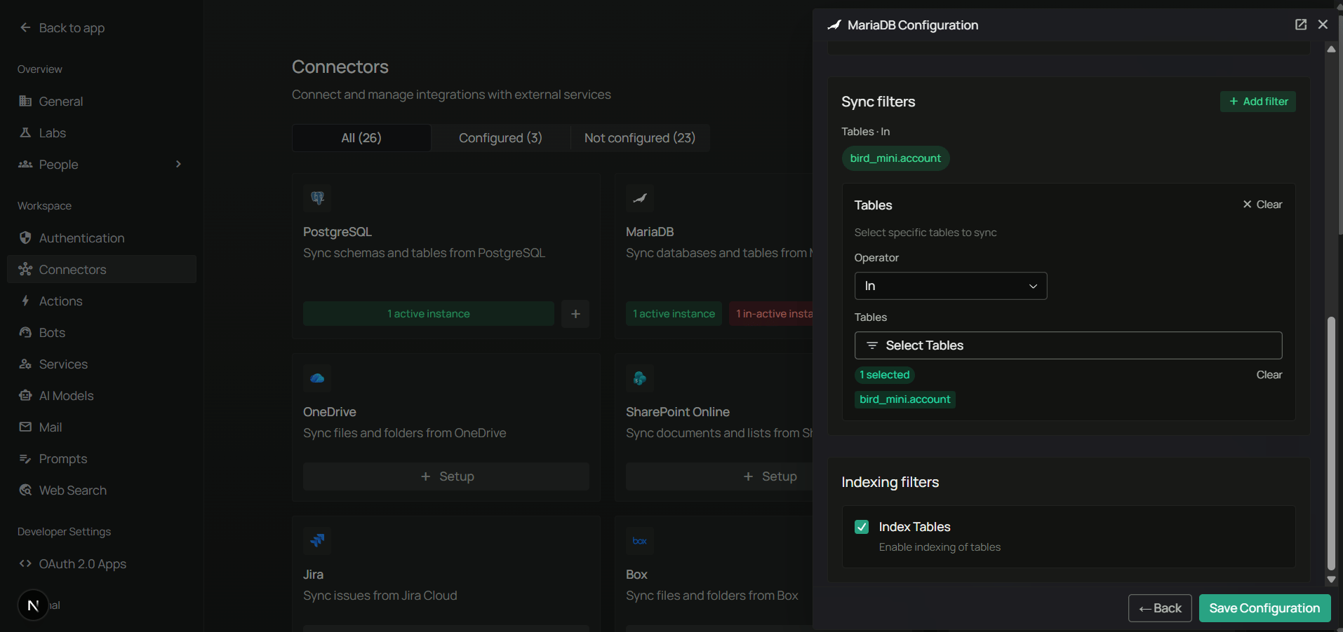 MariaDB sync filters
