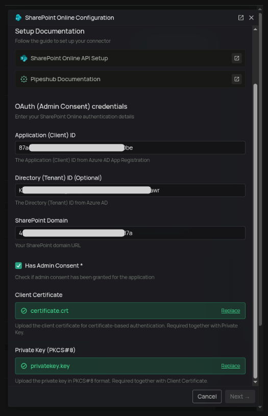 Uploading certificate and private key in PipesHub