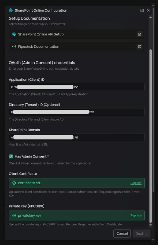 Uploading certificate and private key in PipesHub
