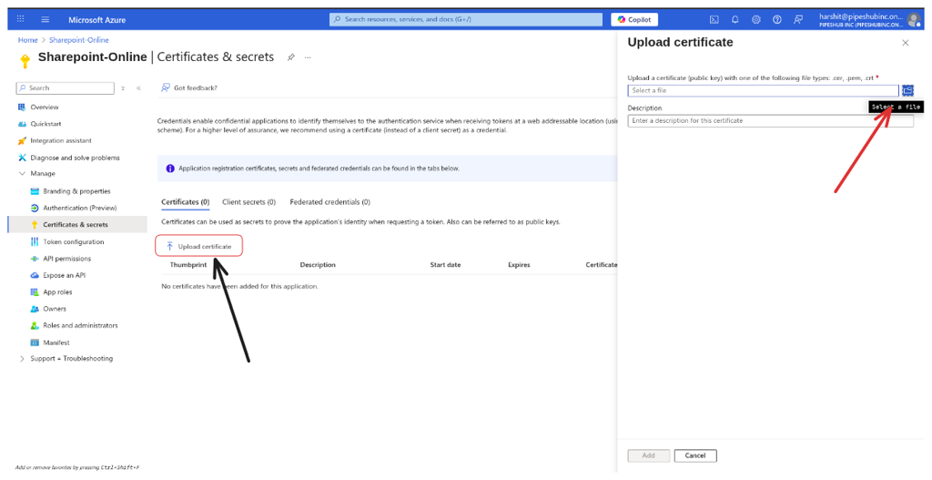 App registration Certificates & secrets: client certificate uploaded to the application