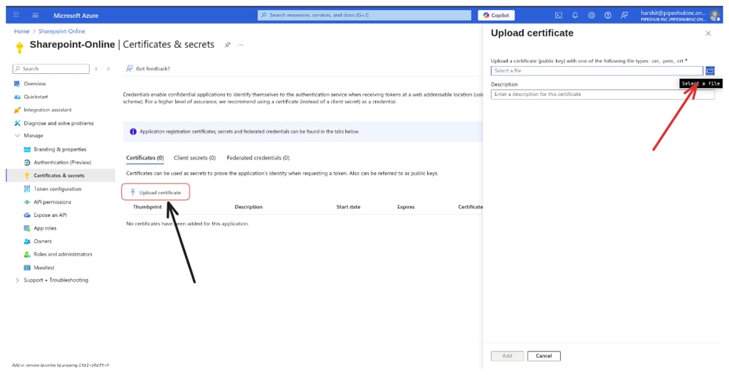 App registration Certificates & secrets: client certificate uploaded to the application