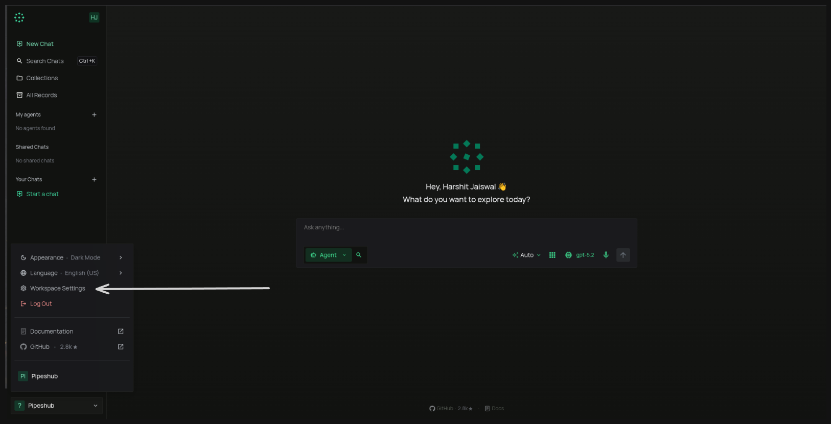 PipesHub Workspace Settings with Connectors navigation
