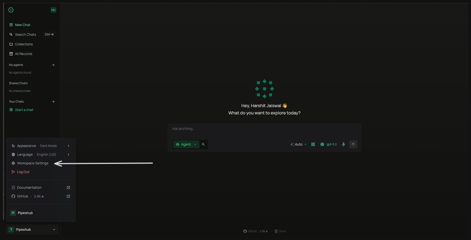 PipesHub Workspace Settings with Connectors navigation