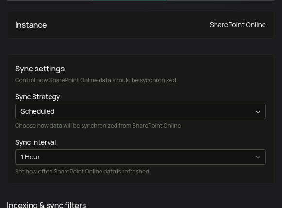 SharePoint connector settings: sync strategy, sync interval, and filter sections