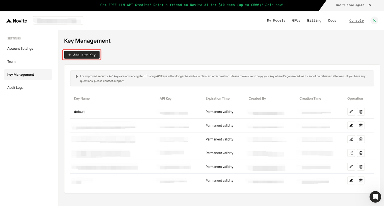 Visitthekeymanagementpageandselect Add New Keytogenerateyour AP Ikey Pn
