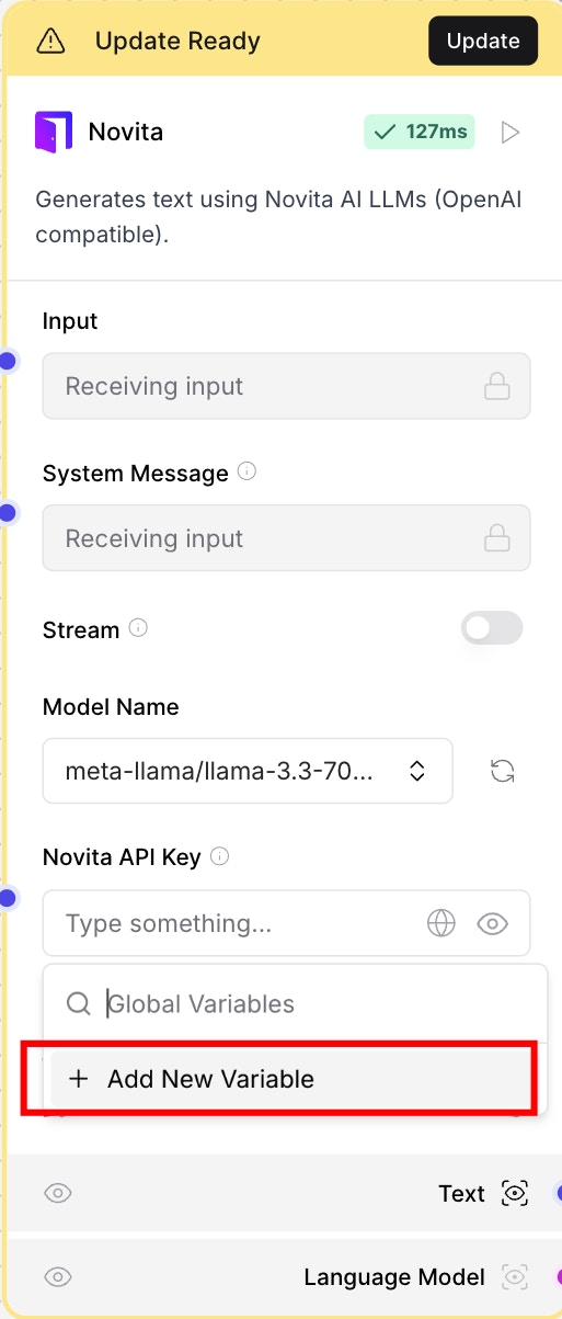 Create a Global Variable for the Novita AI API Key on Langflow