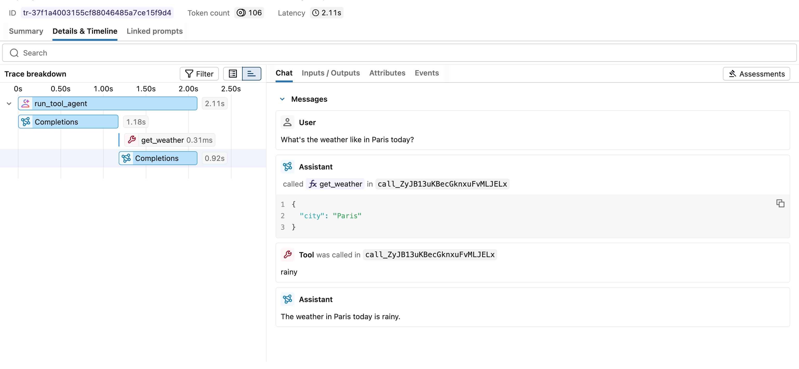 MLflow trace details and timeline