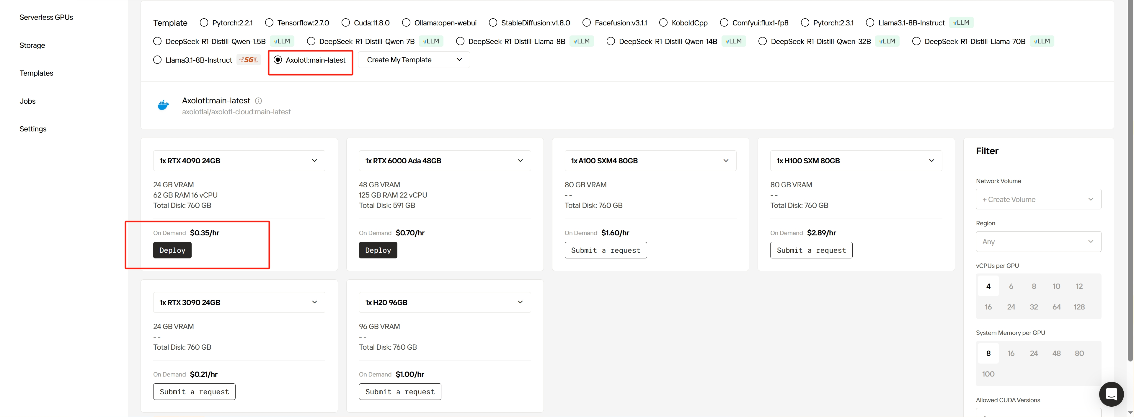 Step2 Choosea Templateand GPU Type Pn
