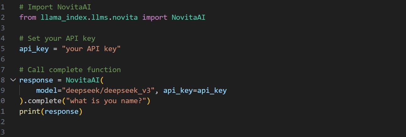 images/Step8WritePythoncodeandsetthemodelnameandAPIkeyasparametersintheNovitaAIclass.png