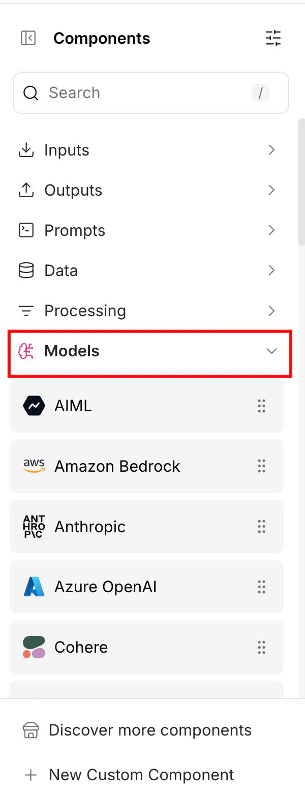Expand the Models tag on Langflow
