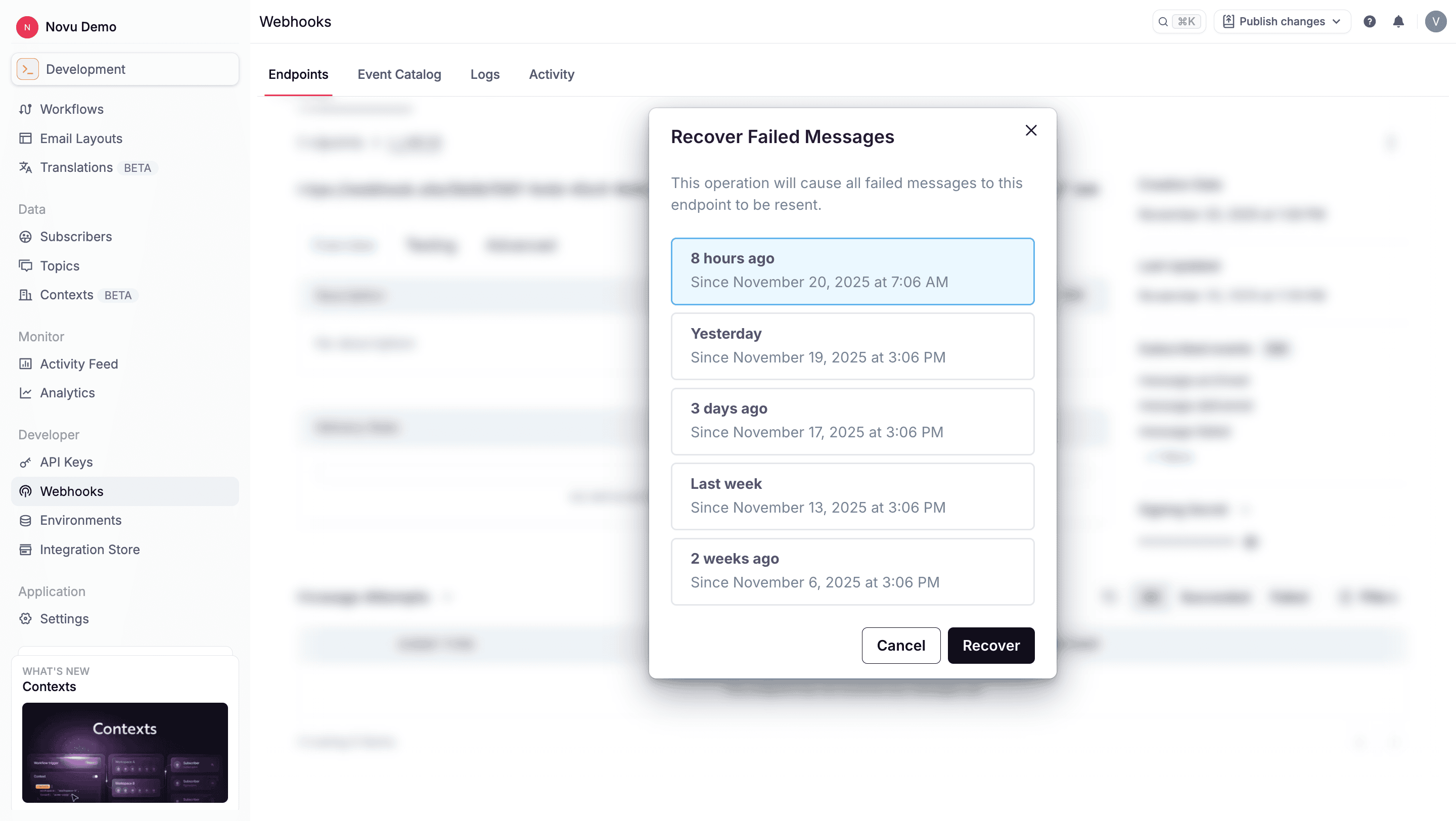 Recover all failed messages menu