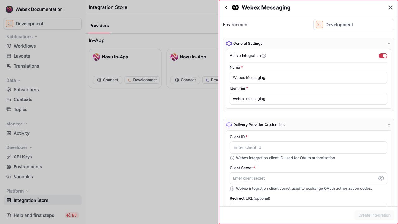 Configure Webex Messaging credentials in the Novu Integration Store