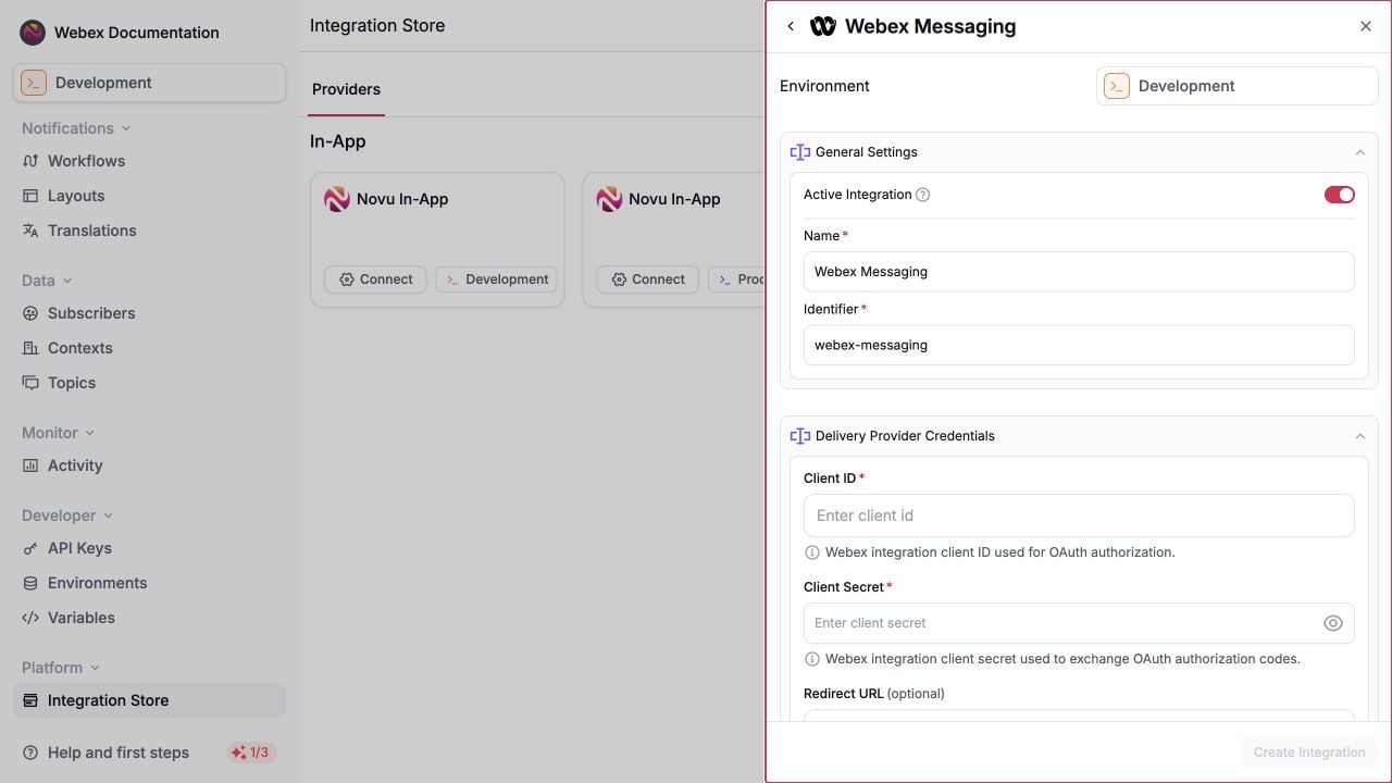Configure Webex Messaging credentials in the Novu Integration Store