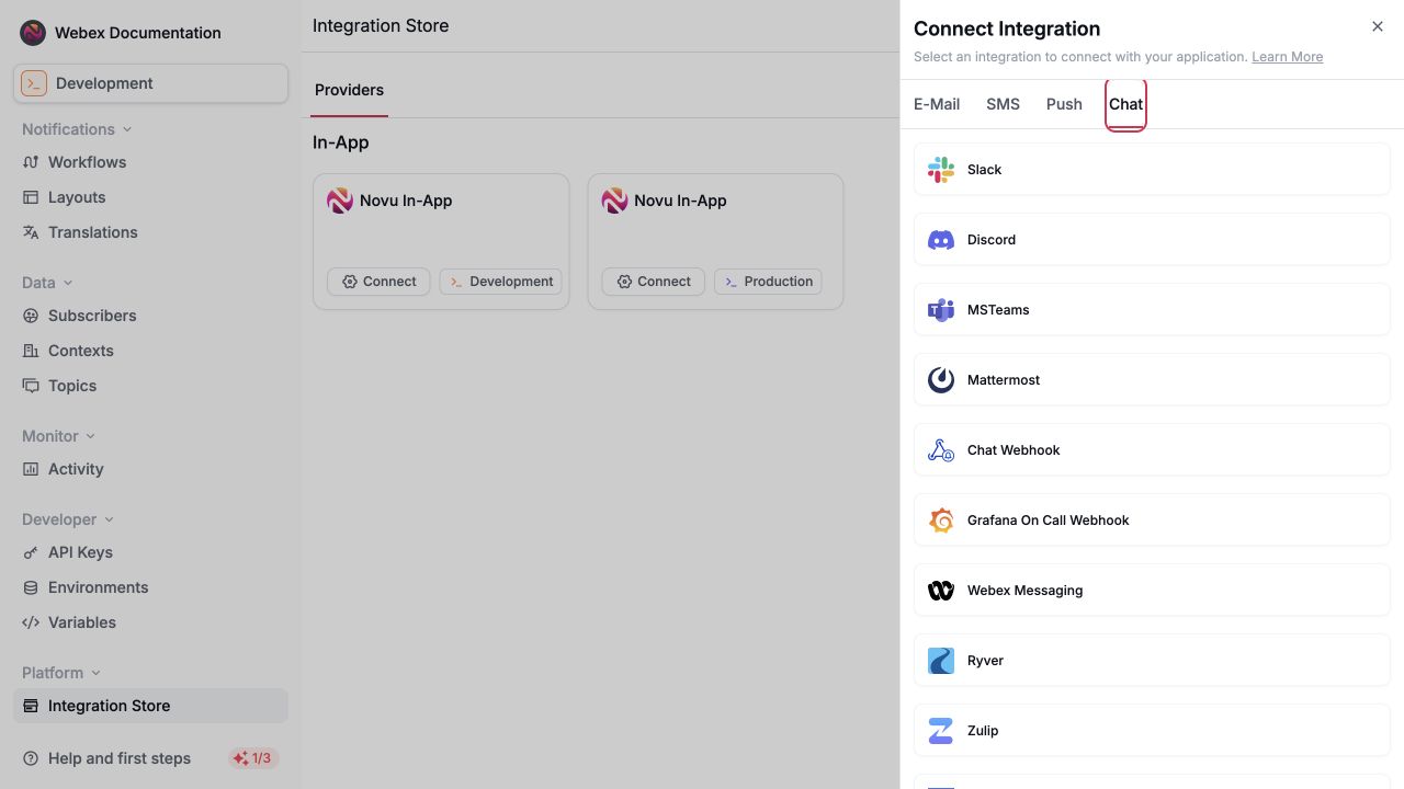 Select Webex Messaging from the Novu Chat provider catalog