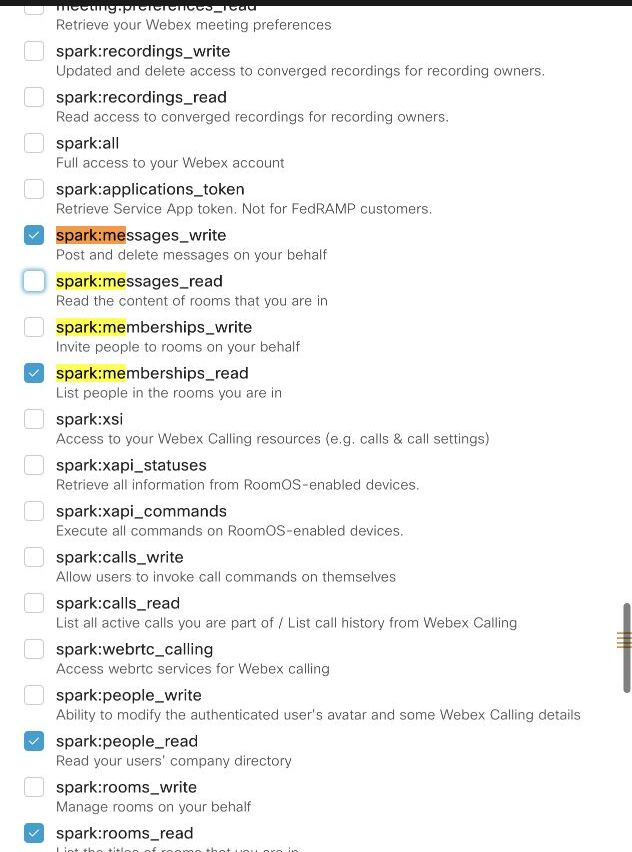 Select the OAuth scopes required by Webex Messaging