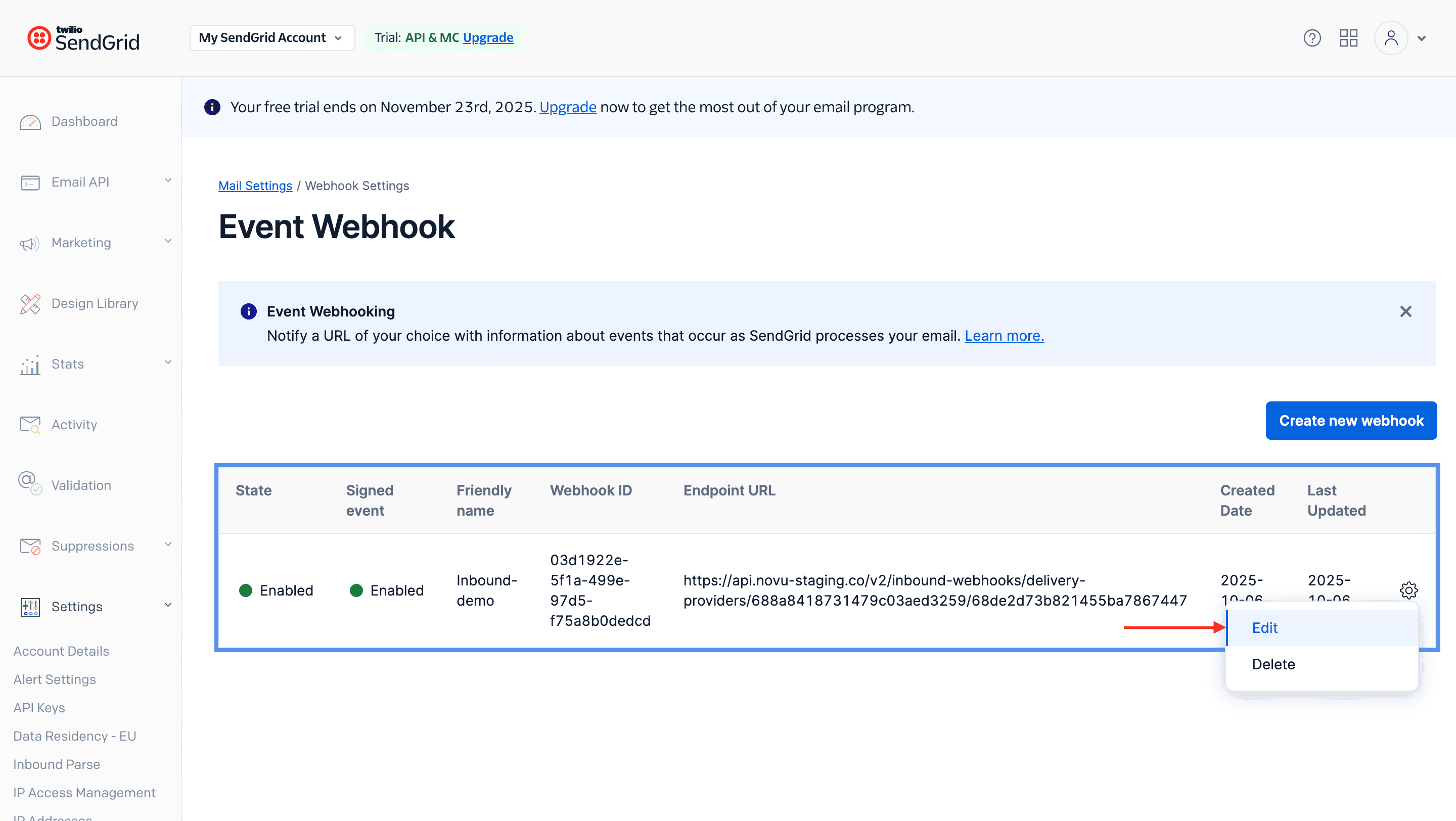 Add new event webhook