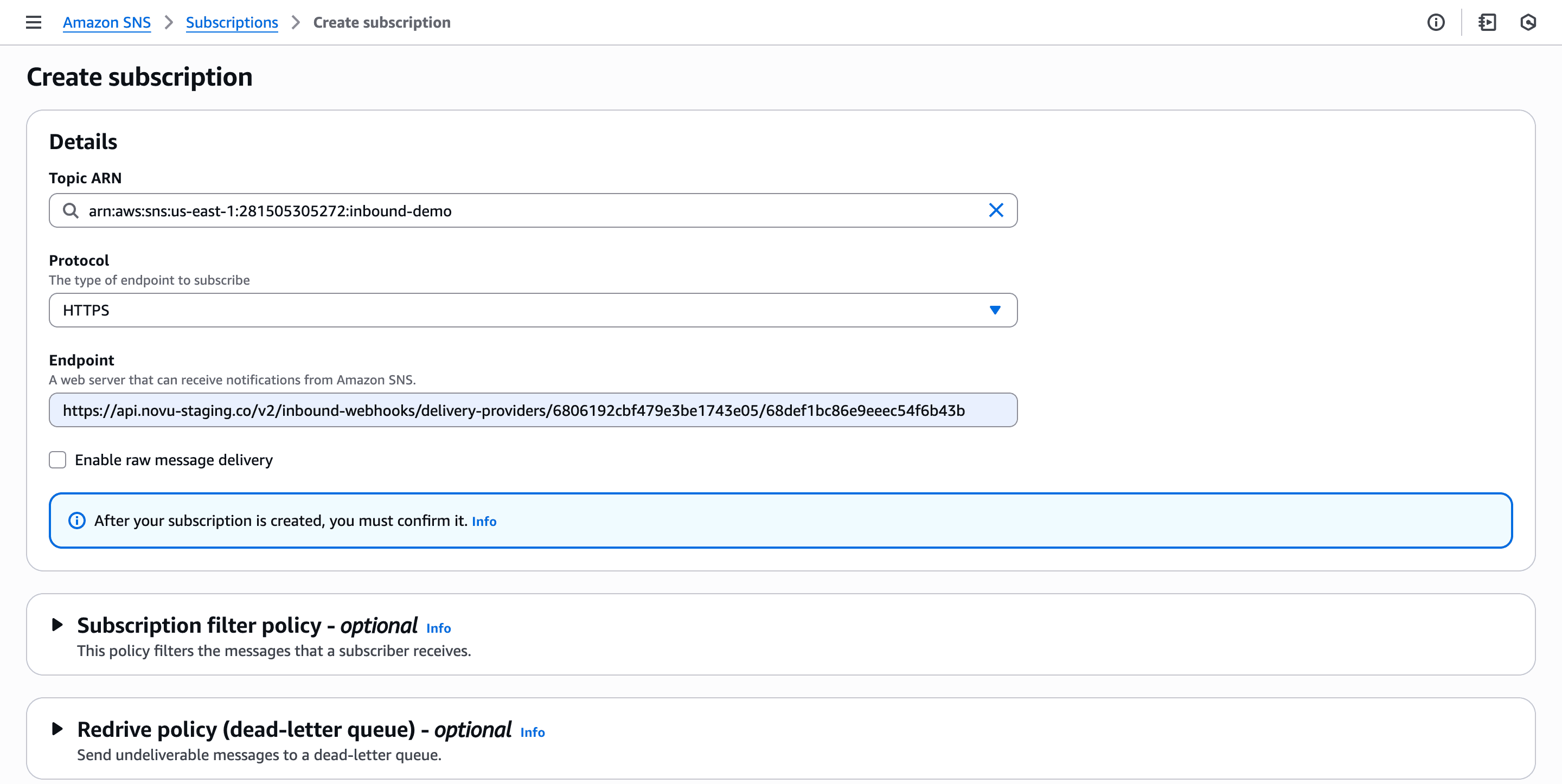 AWS SNS subscription page
