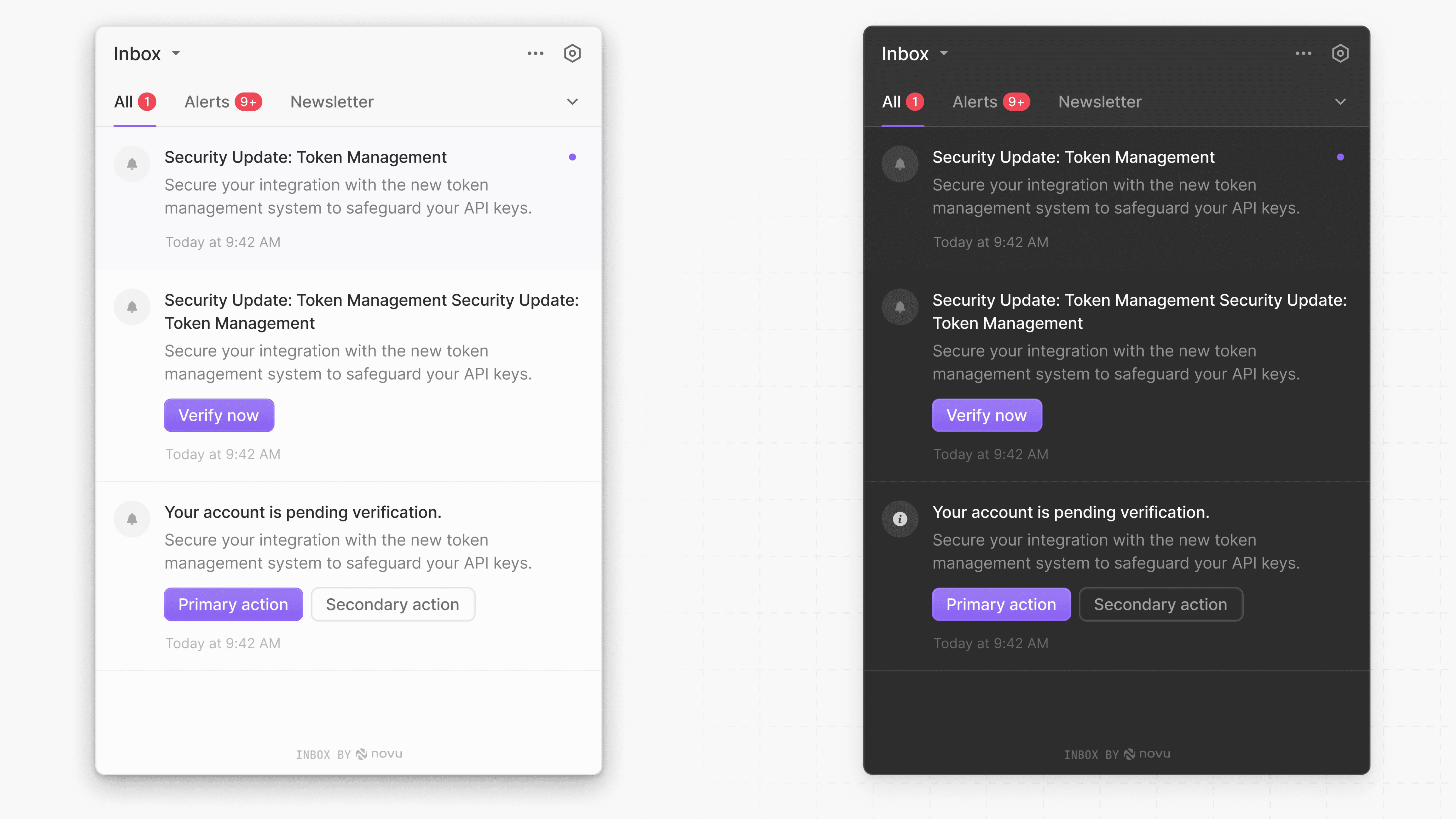 Novu Inbox component showing bell icon, notification list, and preferences panel