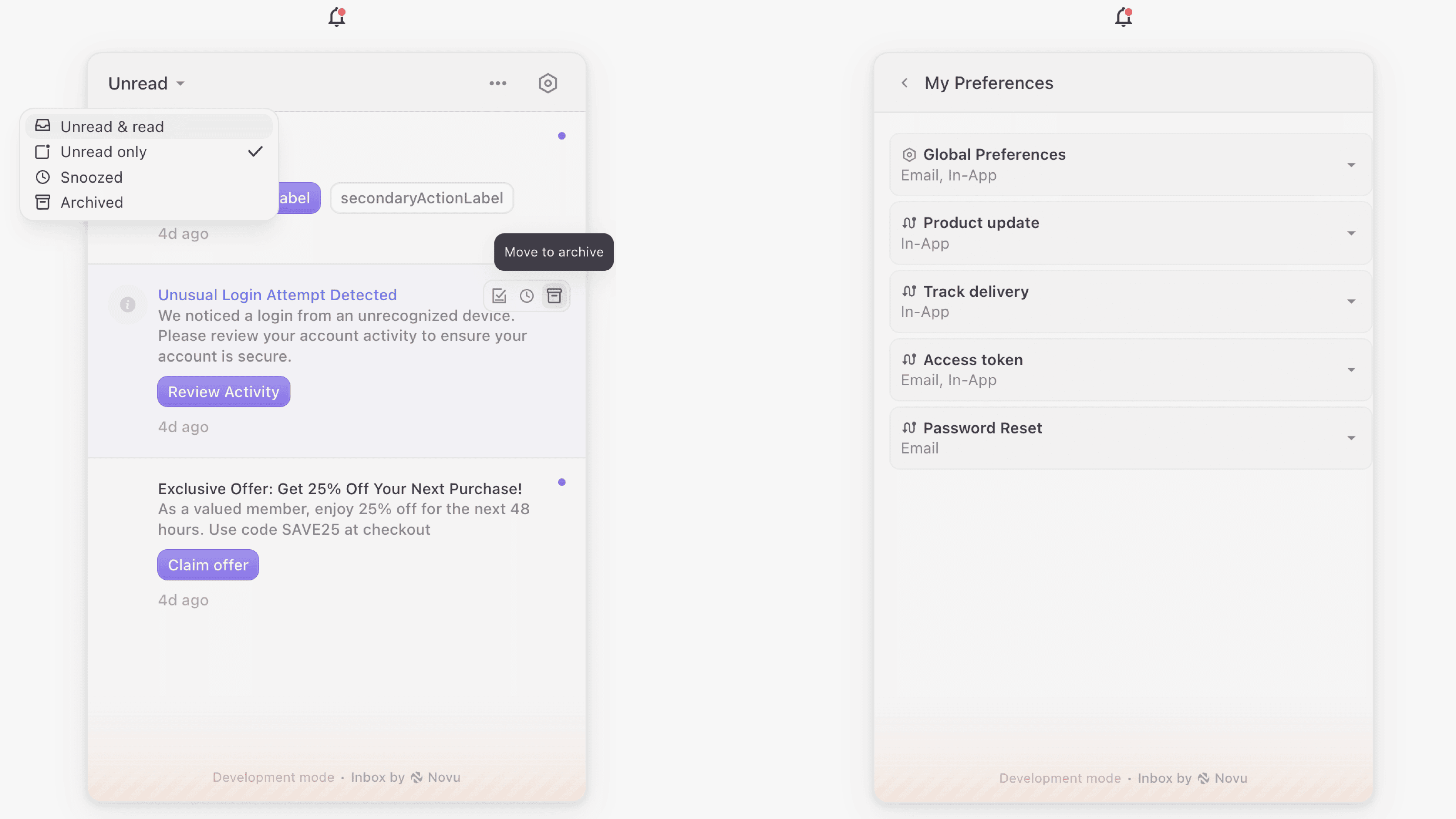 Overriding the default text in the Inbox component UI using localization prop