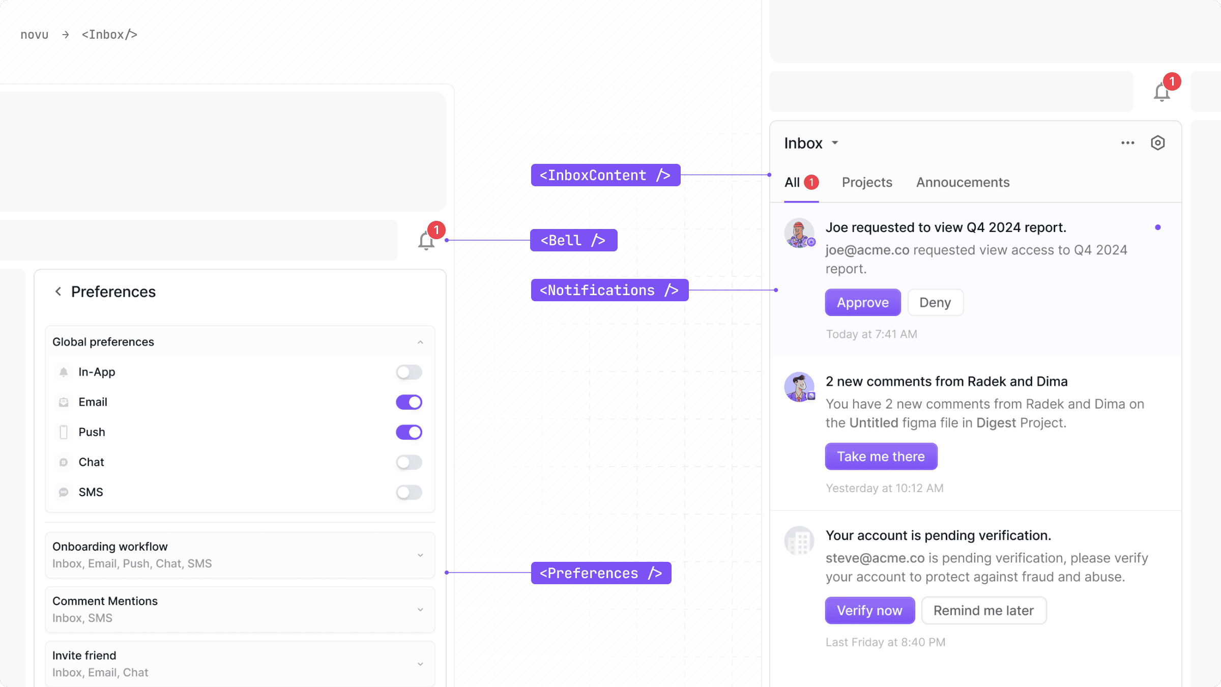 Fully functional and customizable React Inbox component with bell, notification feed, and preference controls