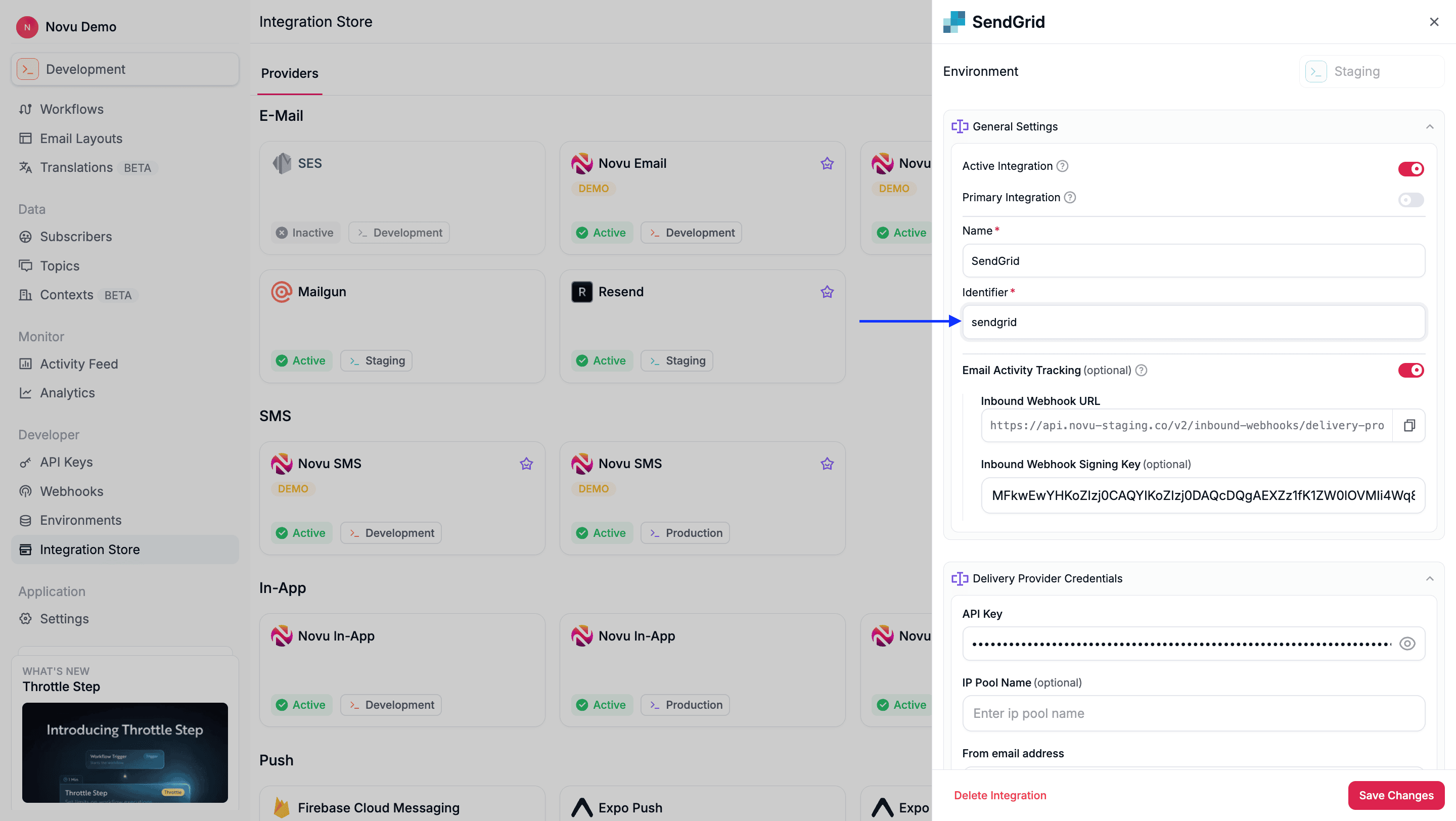 Integration identifier field in the Novu Dashboard for naming a provider connection