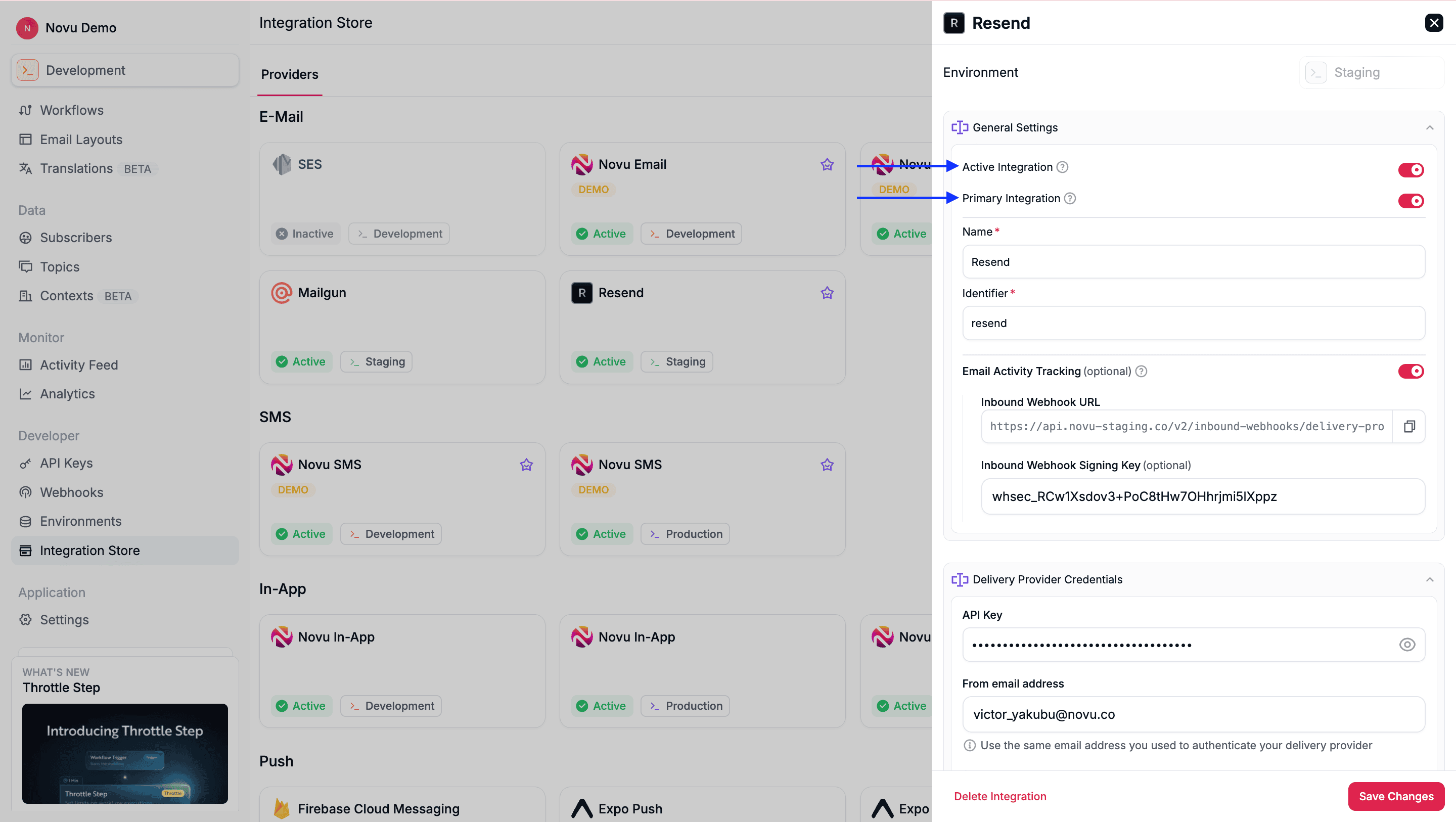 Primary and active integration settings in the Novu Dashboard channel configuration