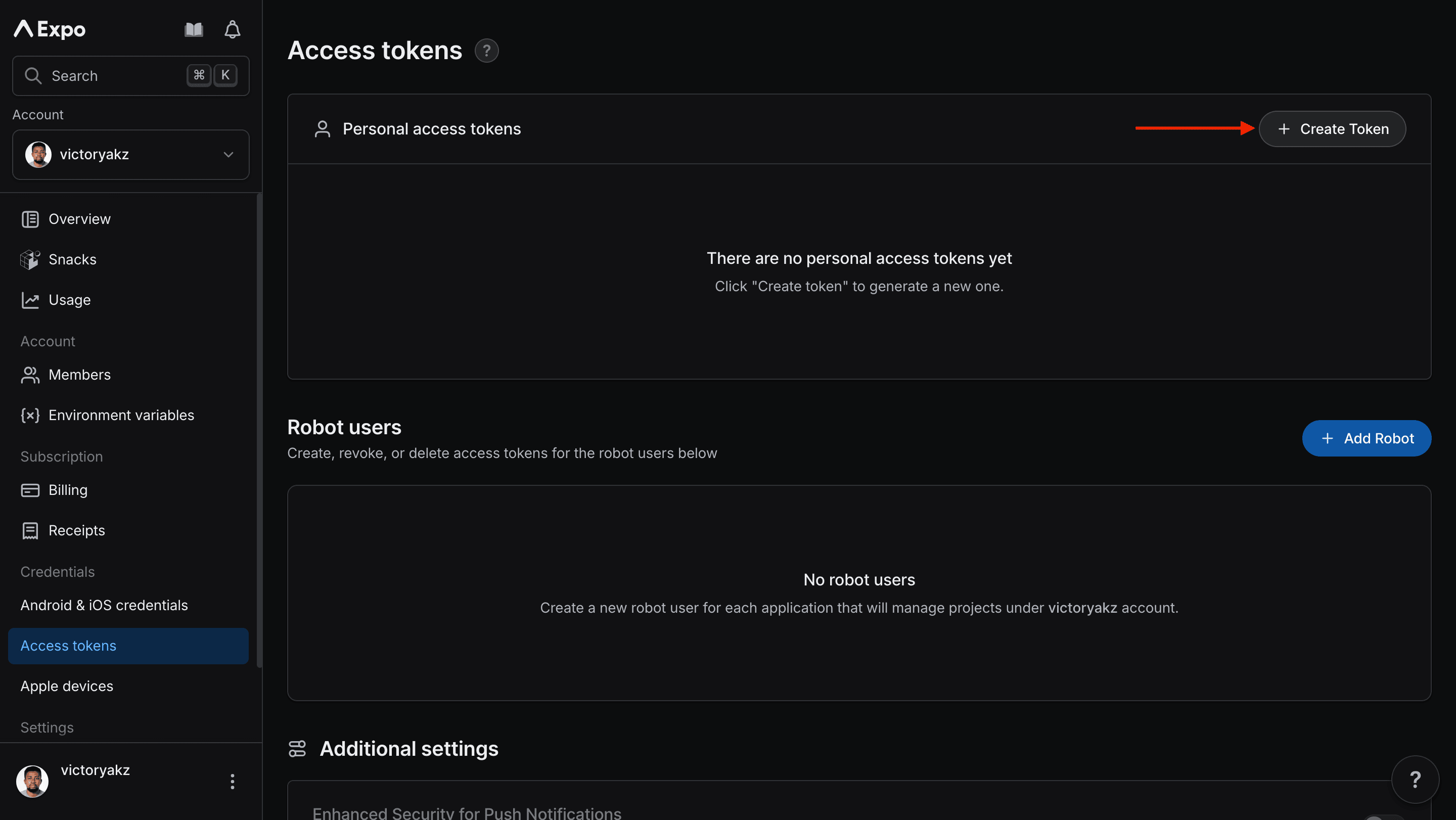 Create Expo token
