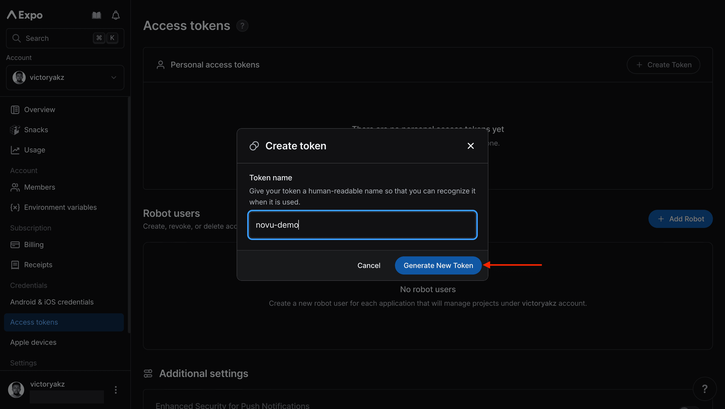 Generate Expo token