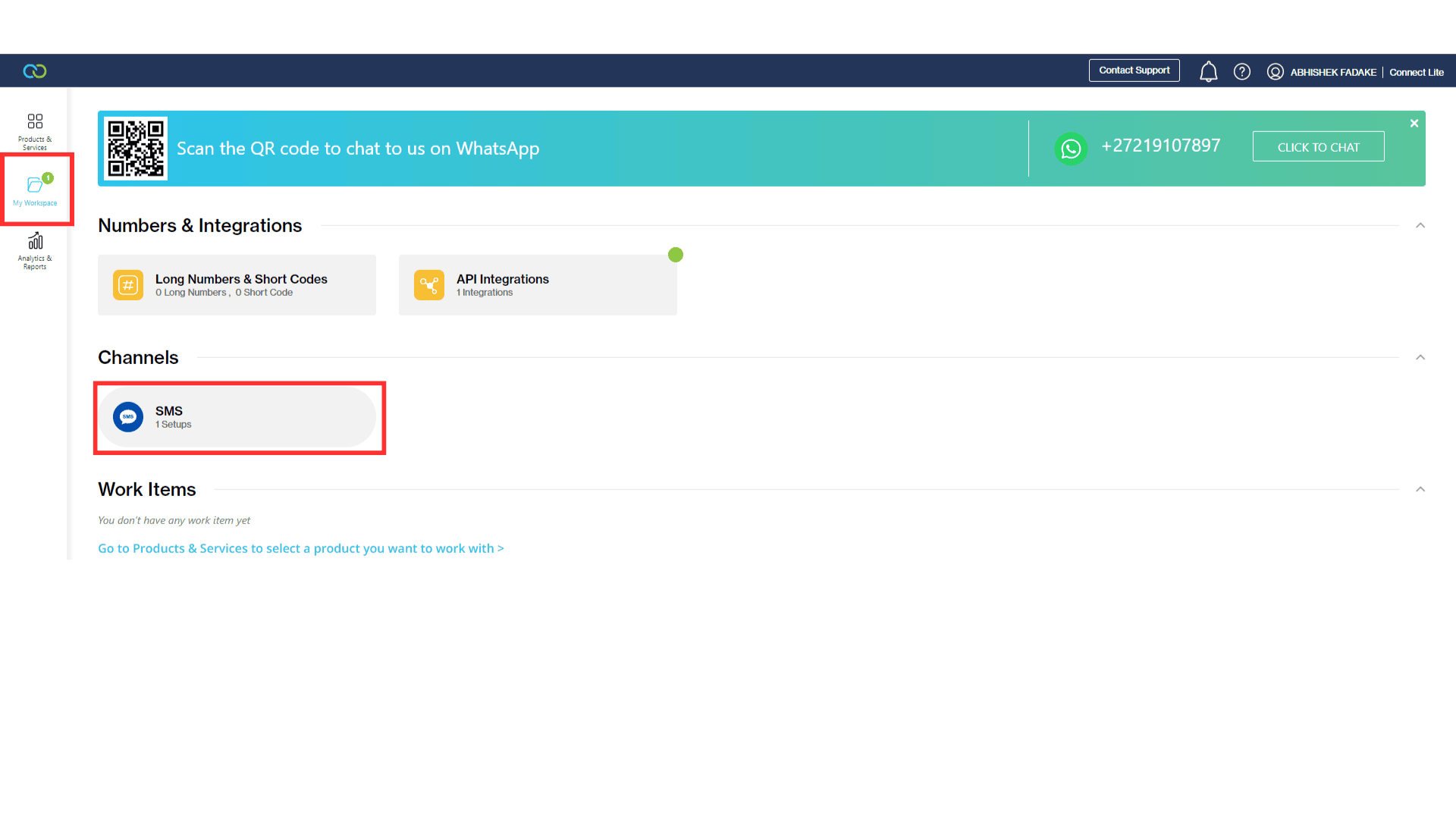 Click on the My Workspace, and then click SMS in Channels Section