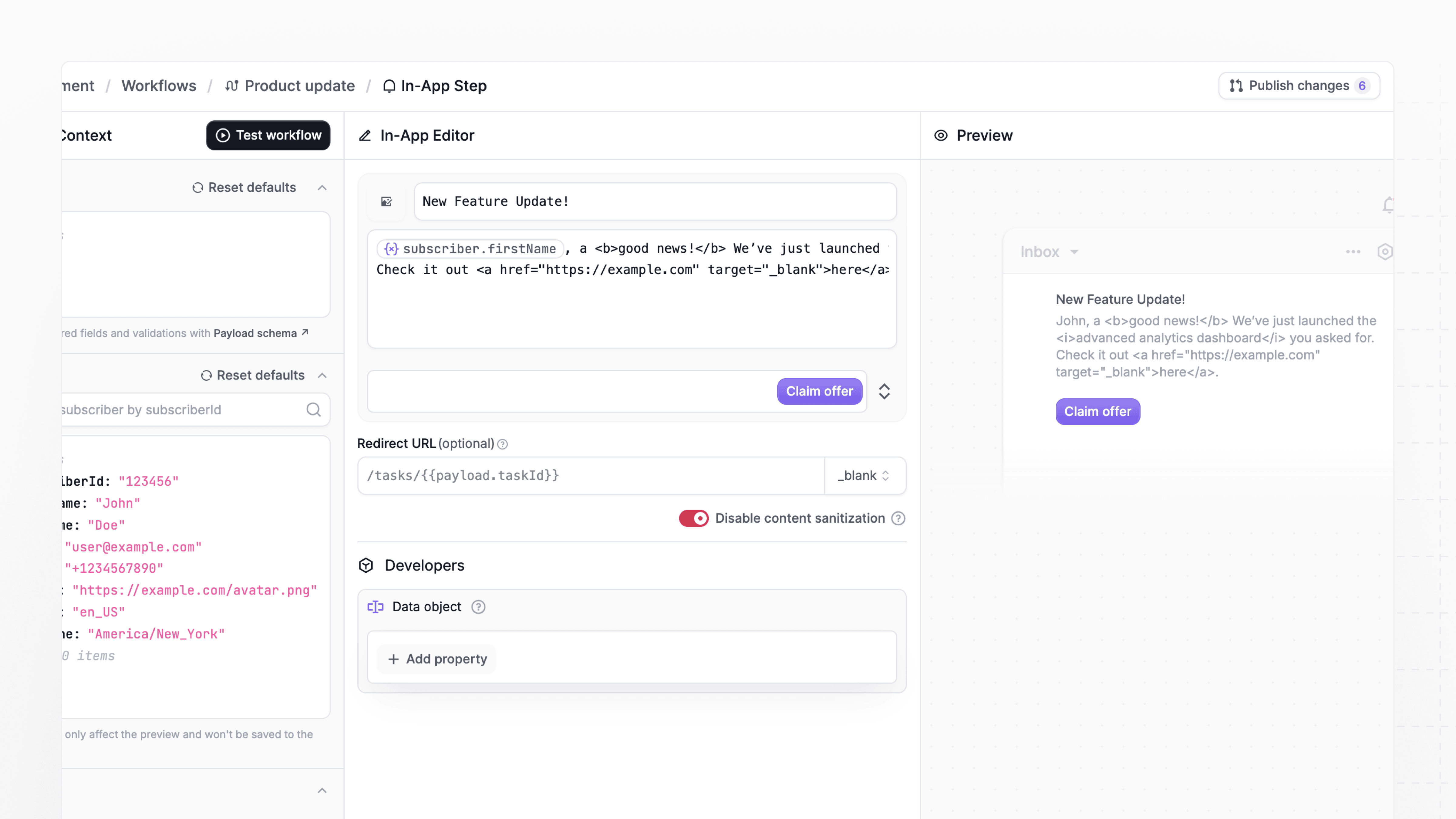 Disable content sanitization in the Novu in-app step editor