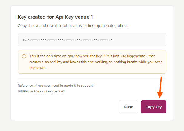 The Key created screen, with the Copy key and Done buttons