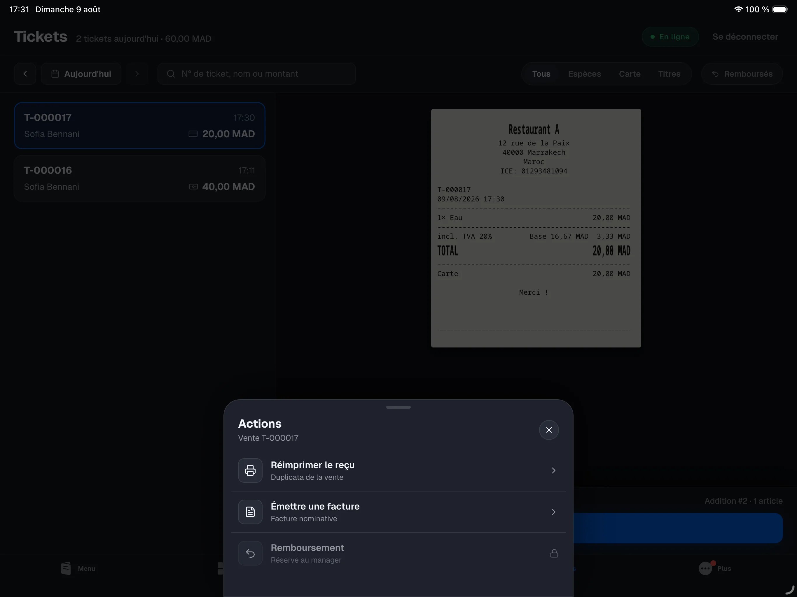 feuille Actions ouverte sur un ticket — Réimprimer le reçu, Émettre une facture, et Remboursement verrouillé « Réservé au manager »