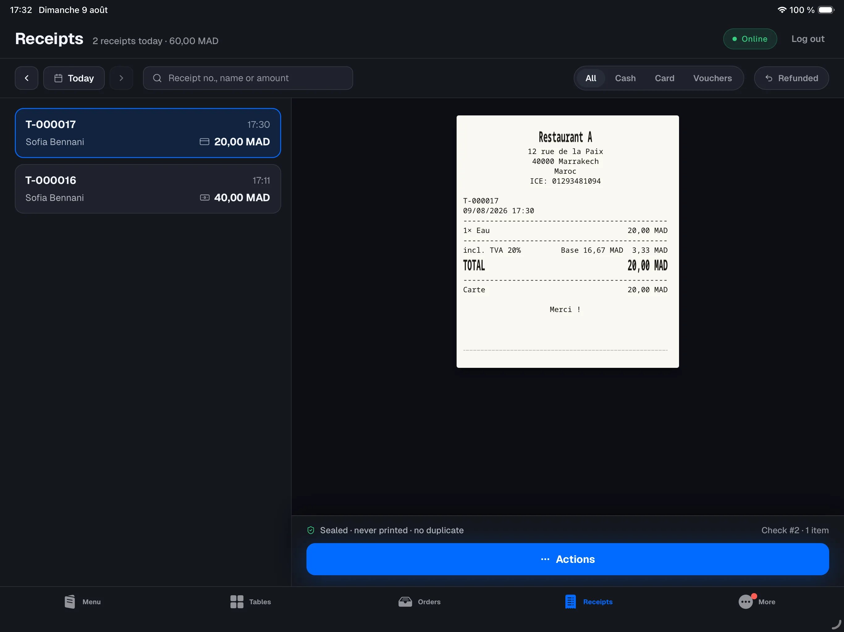 Receipts tab — current day with two receipts, the most recent selected with its paper preview on the right above the Actions button