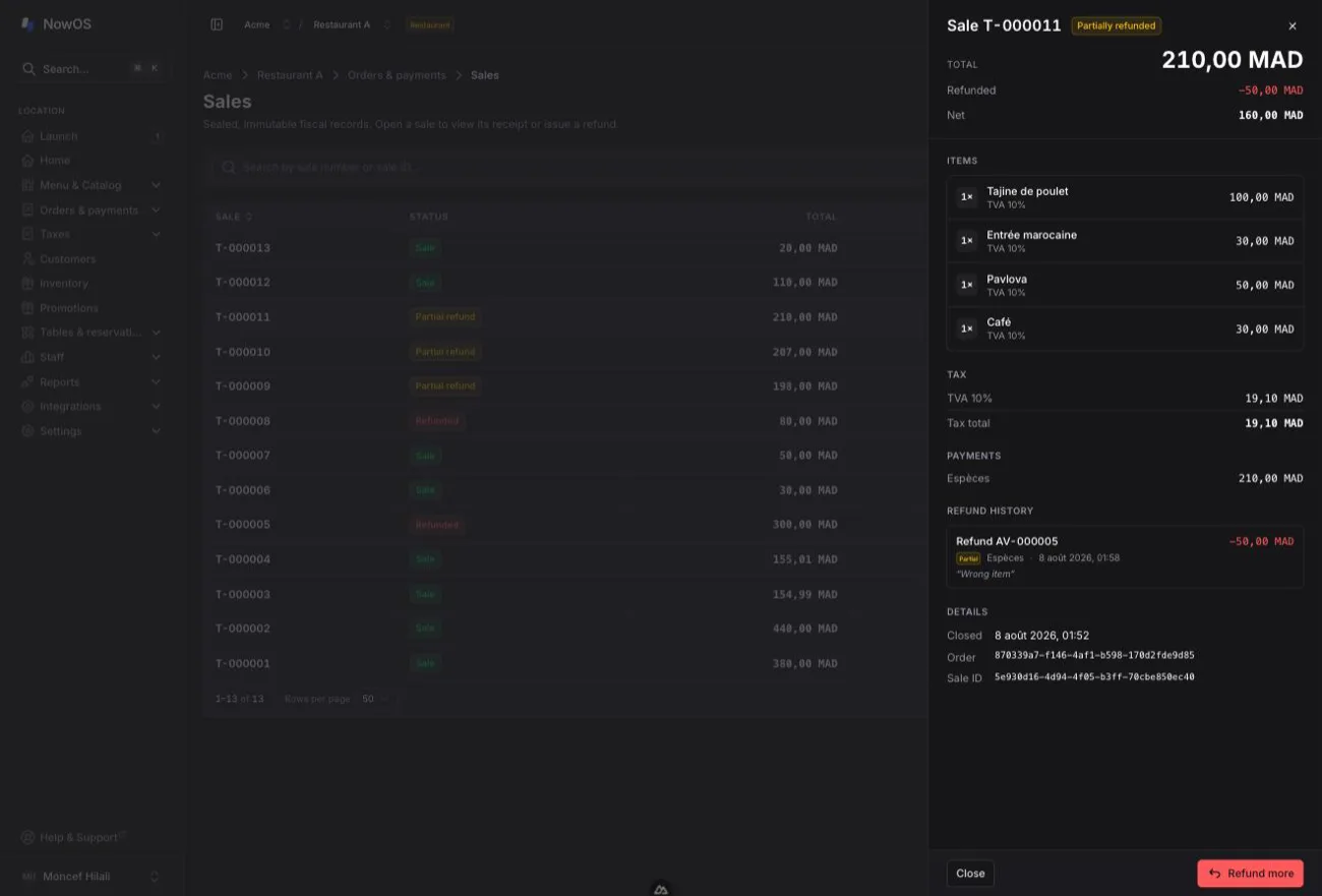backoffice — detail panel of a partially refunded sale: Total / Refunded / Net at the top, Items, Payments and Refund history sections, Refund more button at the bottom