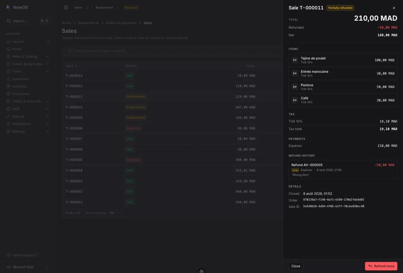 backoffice — detail panel of a partially refunded sale: Total / Refunded / Net at the top, Items, Payments and Refund history sections, Refund more button at the bottom