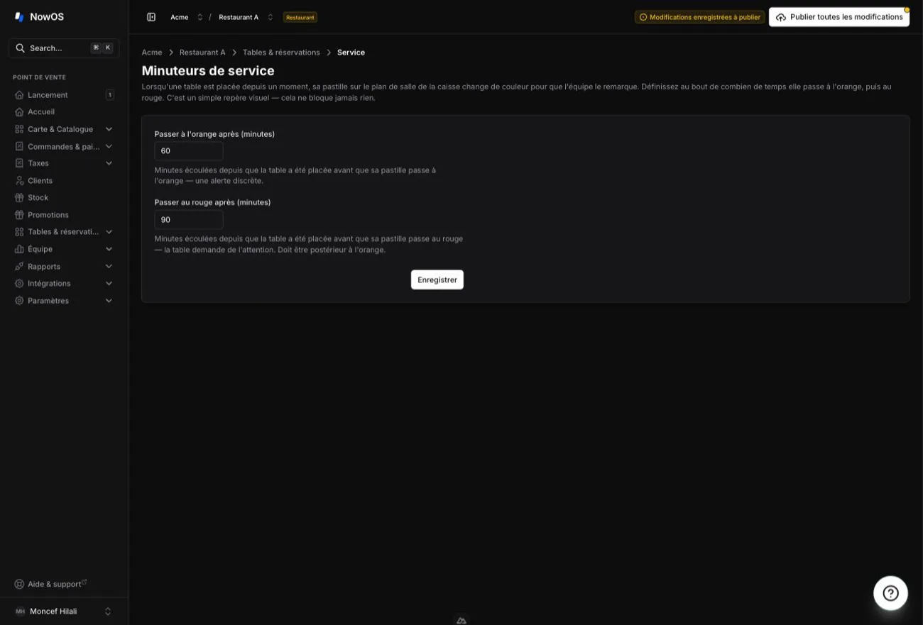 backoffice, Tables & réservations → Minuteurs de service — les deux sections « Table occupée » et « Rythme des étapes », chacune avec ses deux champs en minutes