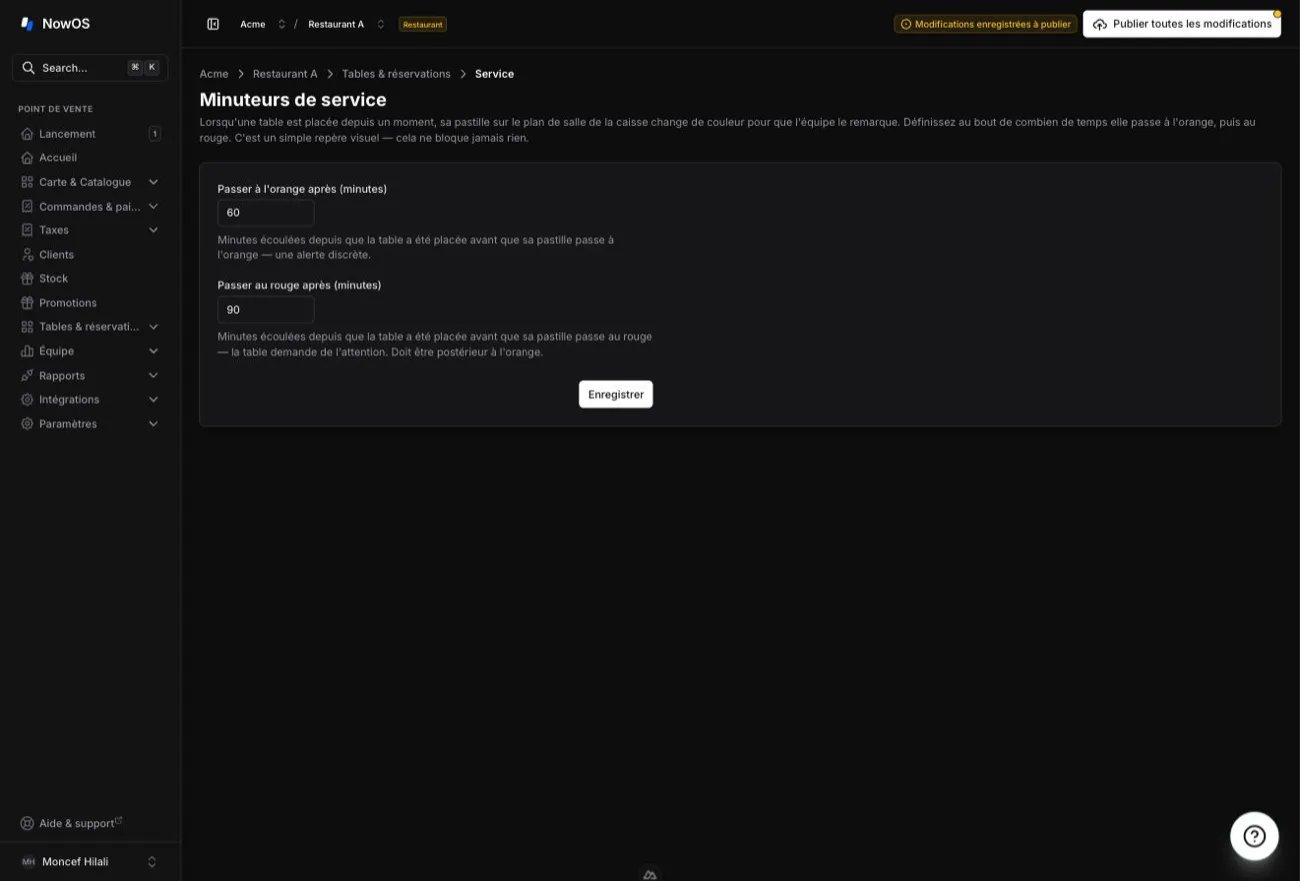 backoffice, Tables & réservations → Minuteurs de service — les deux sections « Table occupée » et « Rythme des étapes », chacune avec ses deux champs en minutes