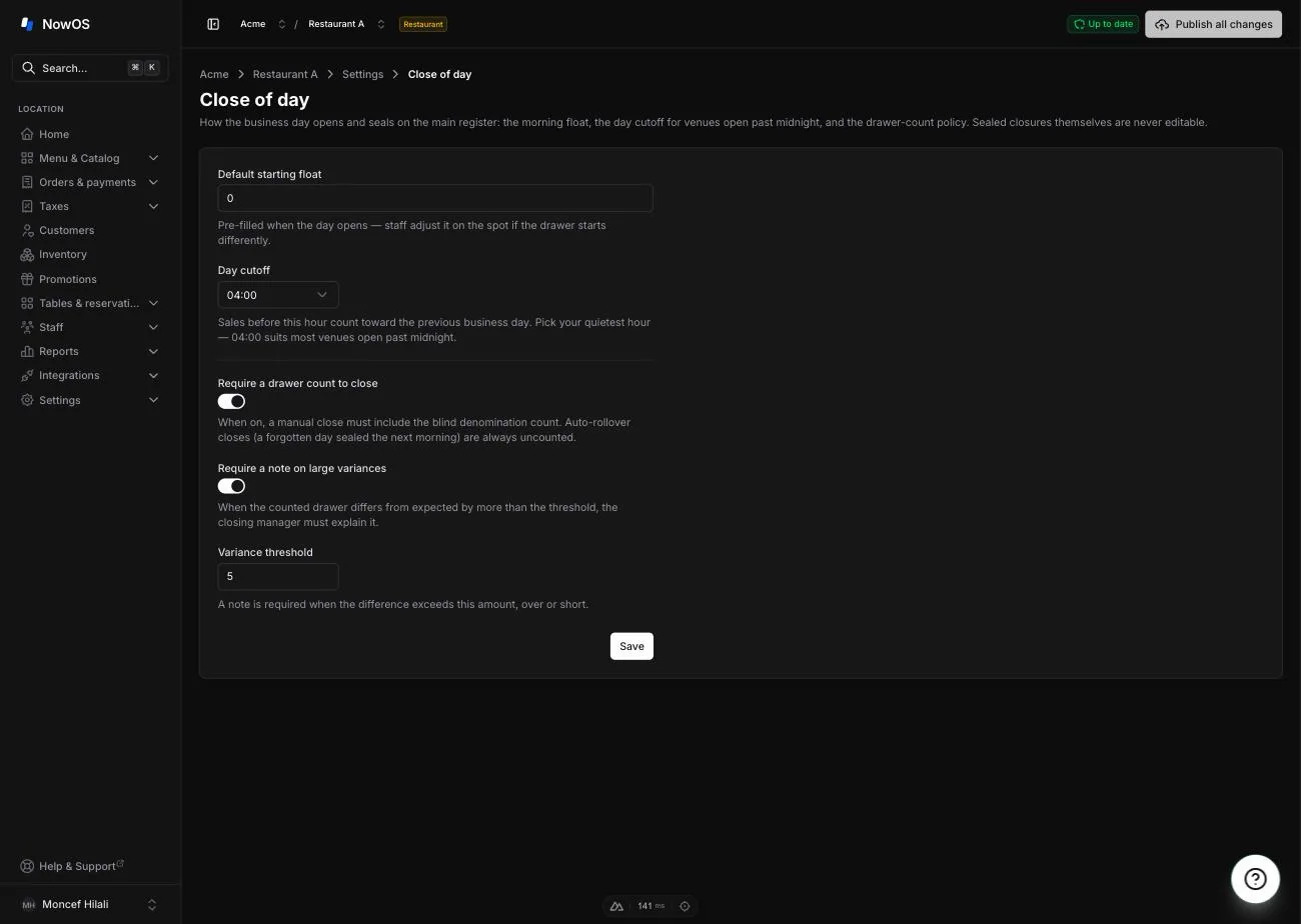 backoffice, Settings → Close of day — form with the default starting float, the Day cutoff and the two switches