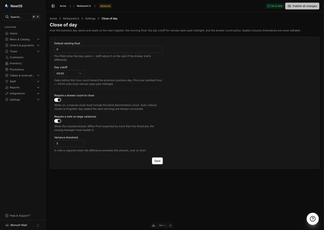 backoffice, Settings → Close of day — form with the default starting float, the Day cutoff and the two switches