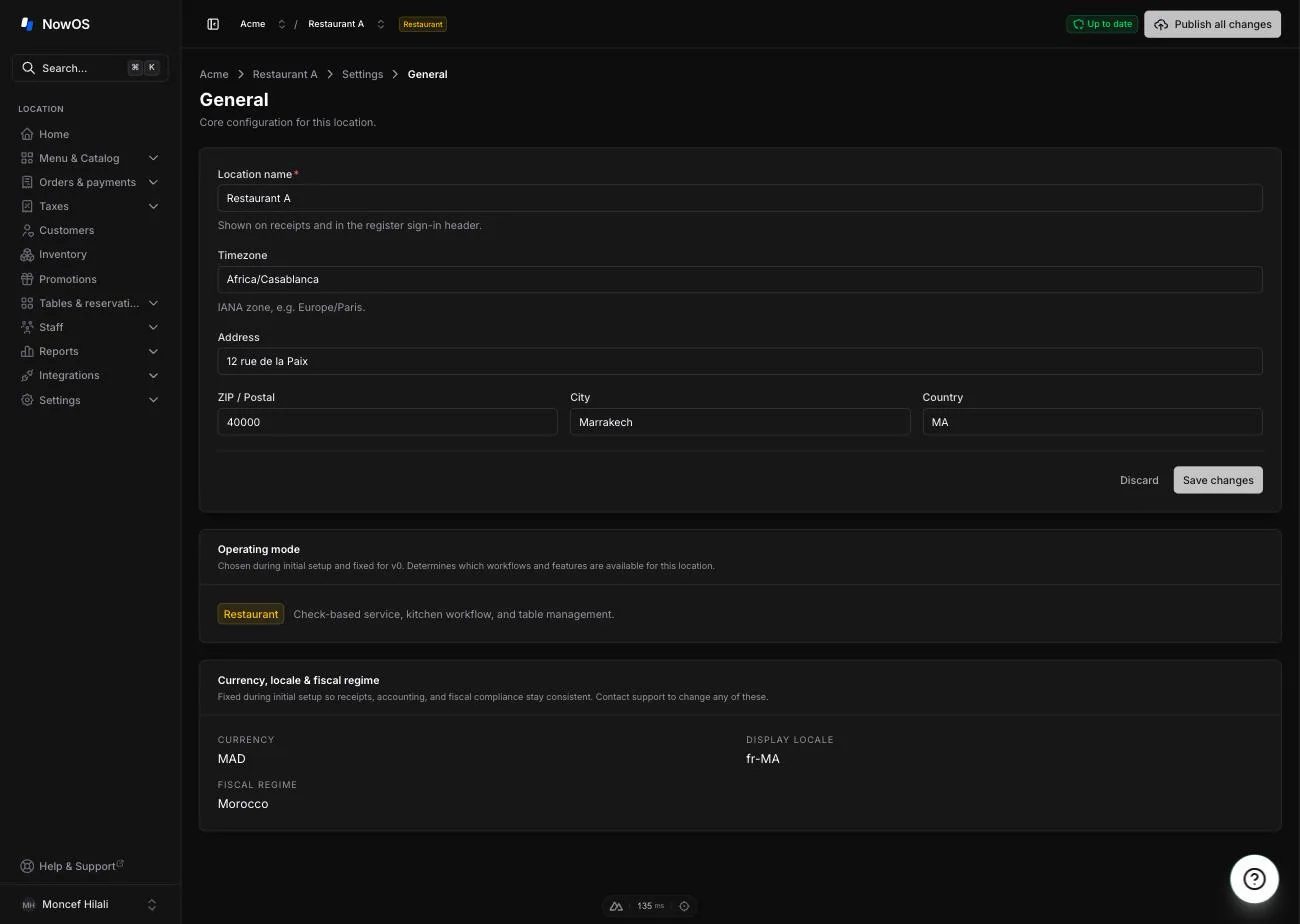 backoffice, Settings → General — location form with the Operating mode and Currency & locale cards below