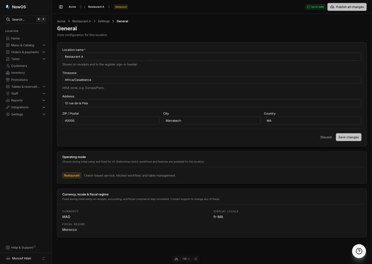 backoffice, Settings → General — location form with the Operating mode and Currency & locale cards below