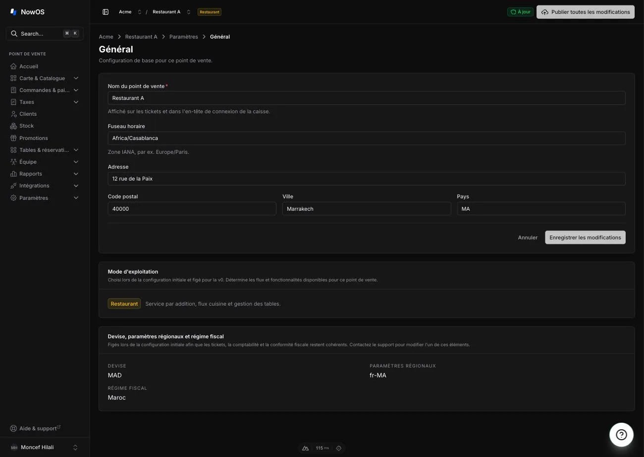 backoffice, Settings → General — formulaire de l'établissement avec les cartes Operating mode et Currency & locale en dessous