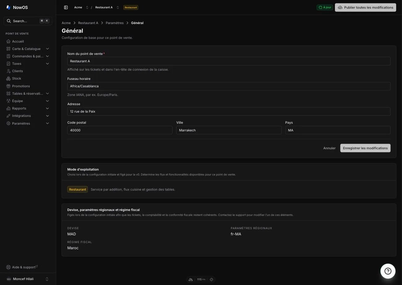 backoffice, Settings → General — formulaire de l'établissement avec les cartes Operating mode et Currency & locale en dessous