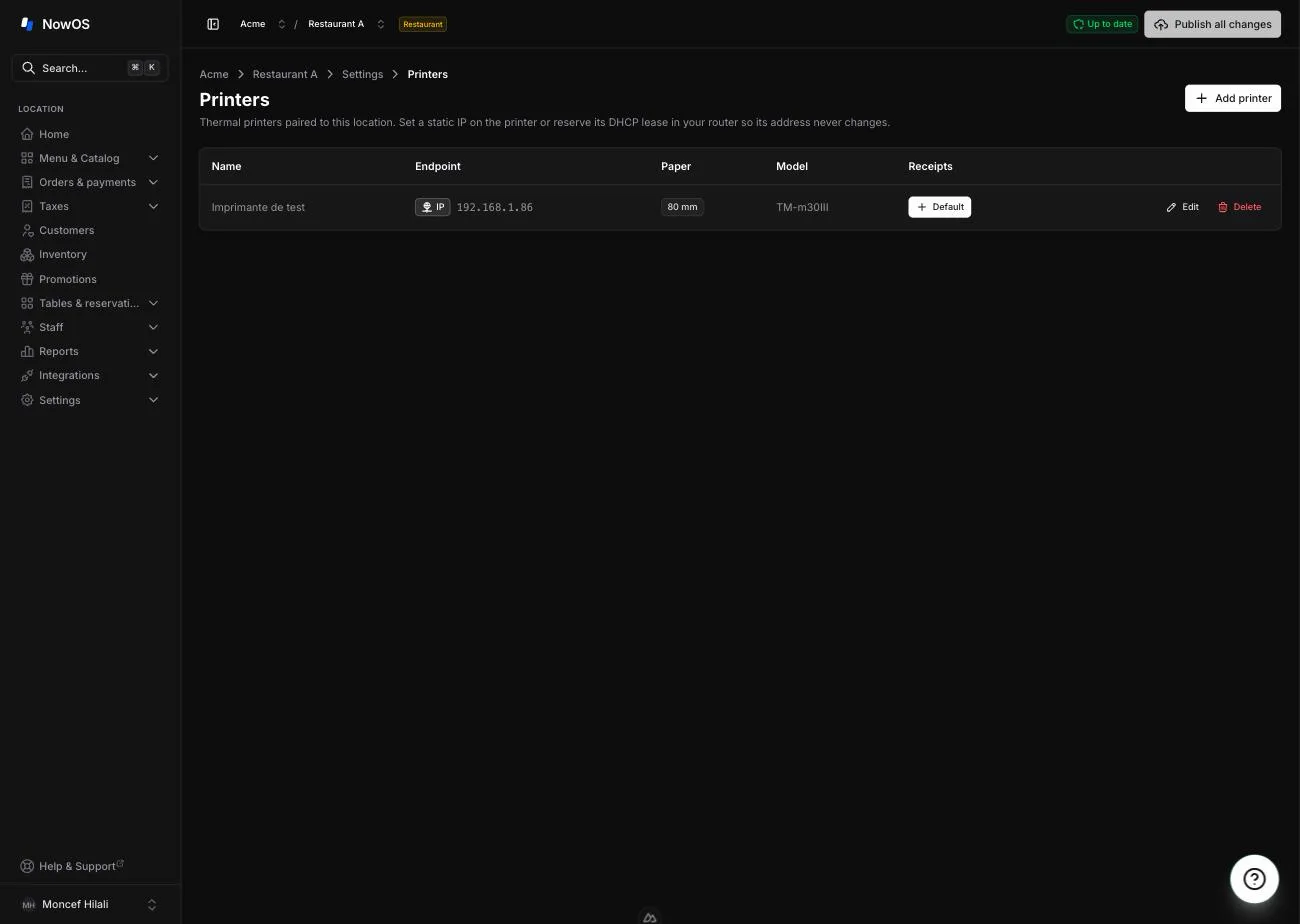 backoffice, Settings → Printers — printer table with the Receipts column and an active Default button