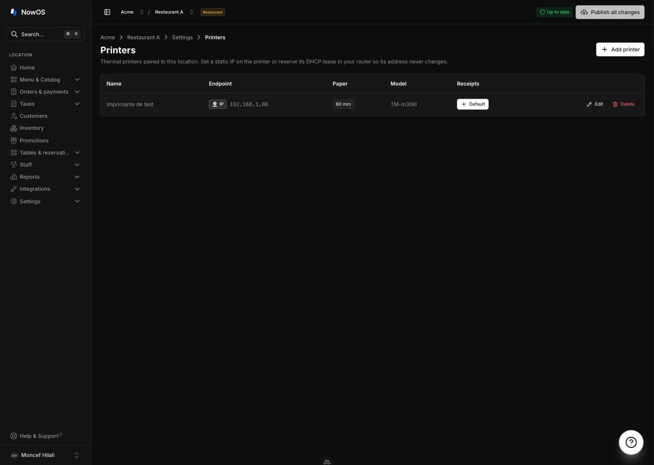 backoffice, Settings → Printers — printer table with the Receipts column and an active Default button