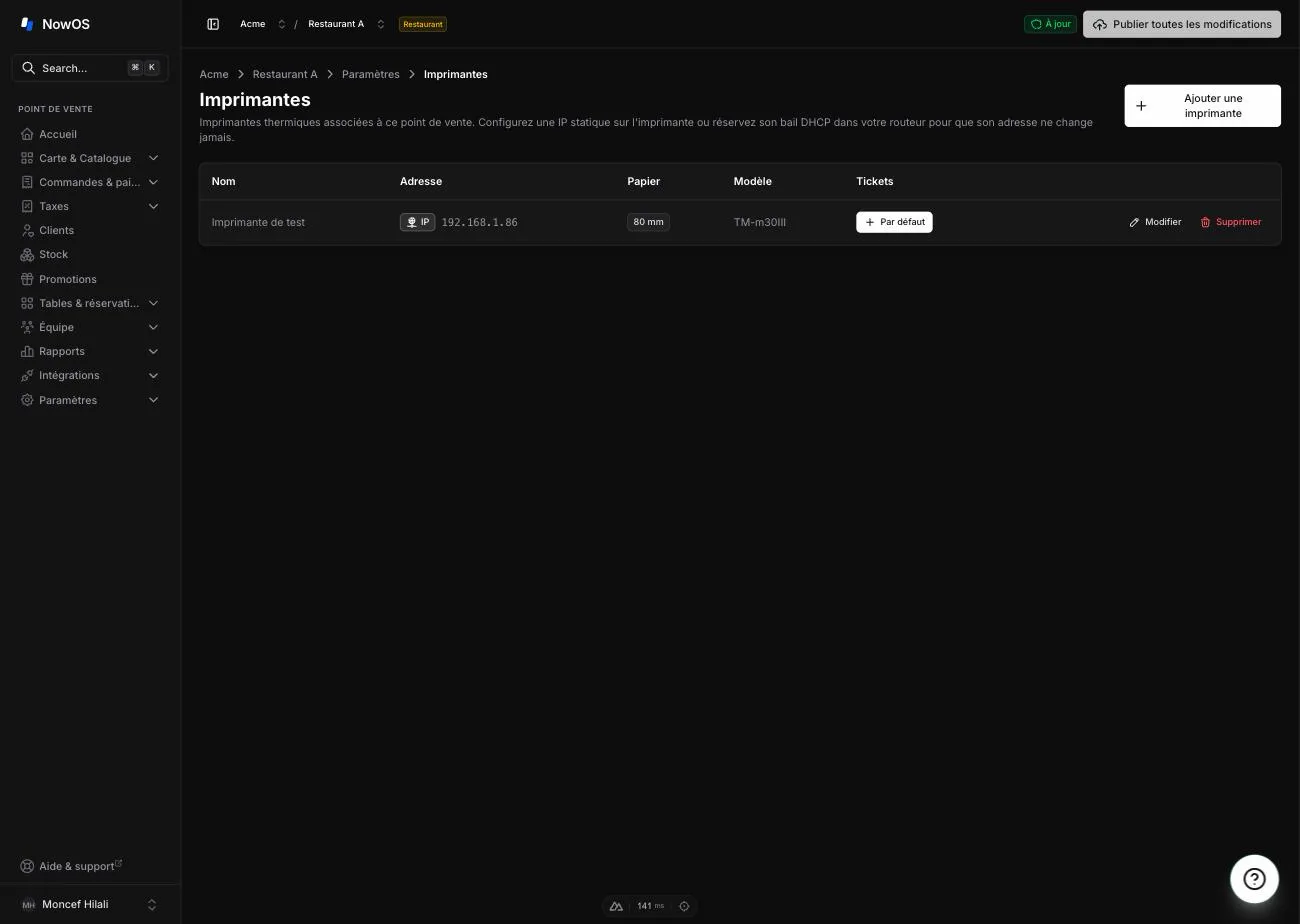 backoffice, Settings → Printers — tableau des imprimantes avec la colonne Receipts et un bouton Default actif