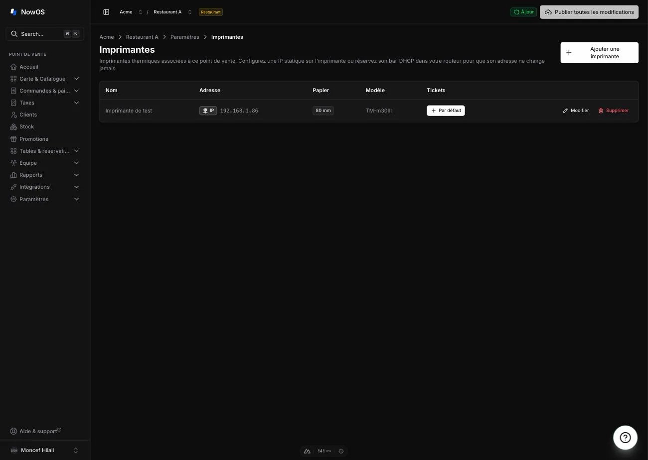 backoffice, Settings → Printers — tableau des imprimantes avec la colonne Receipts et un bouton Default actif