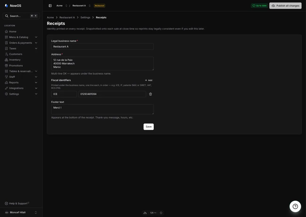 backoffice, Settings → Receipts — filled identity form and publication control in the global header